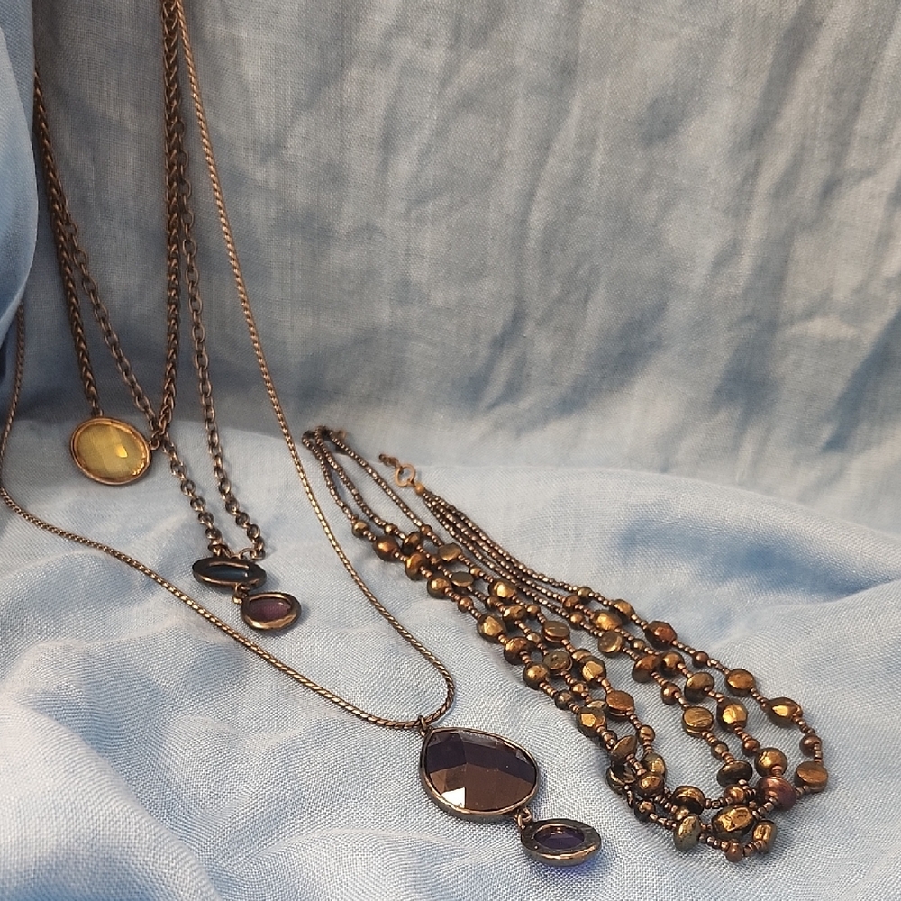 Elegant Multi-Layered Chico's Bronze and Purple Necklace